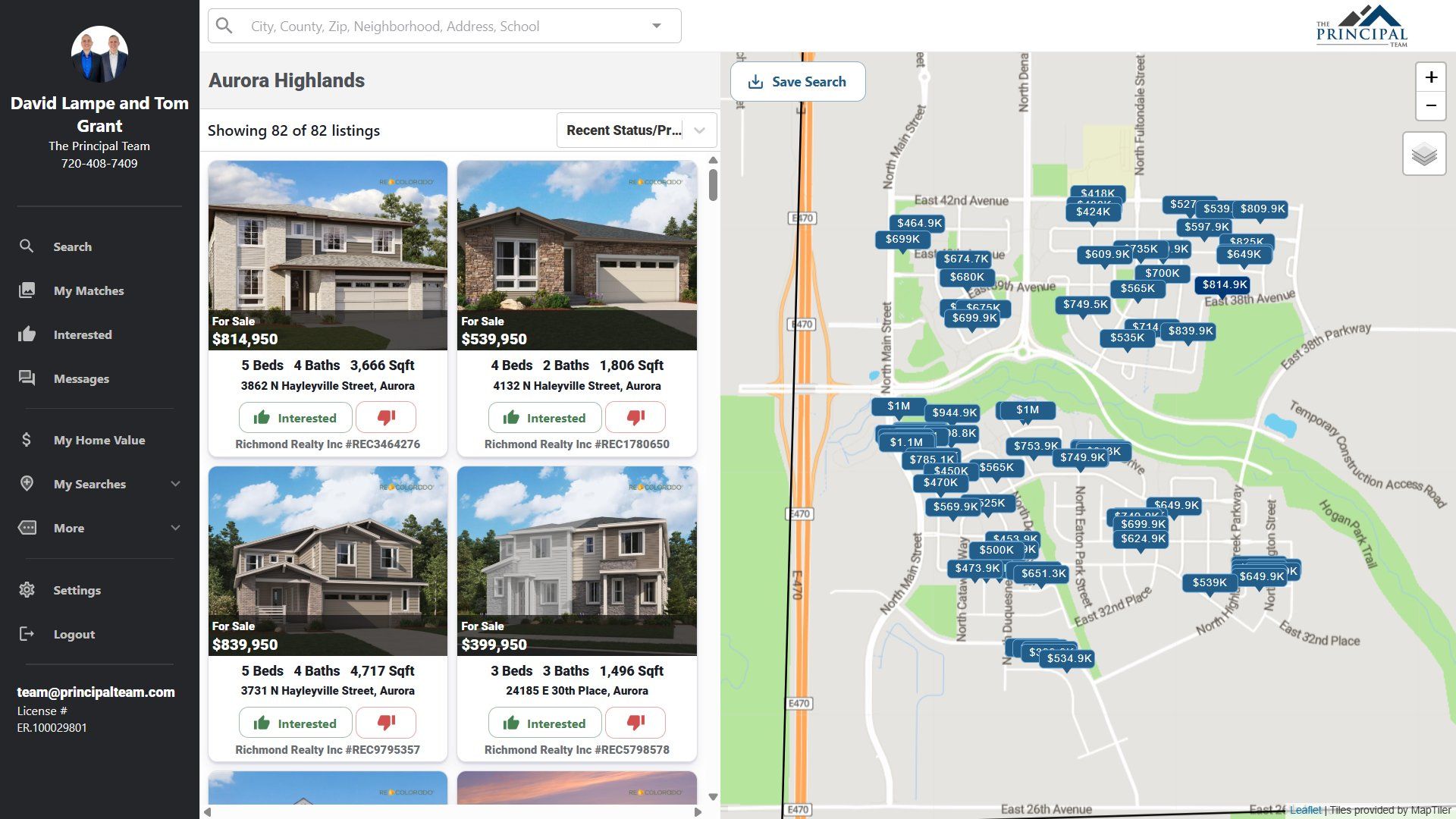 The Aurora Highlands home search interface: 82 active listings shown on a map of the community with photos, prices, and bedrooms and baths for each home.